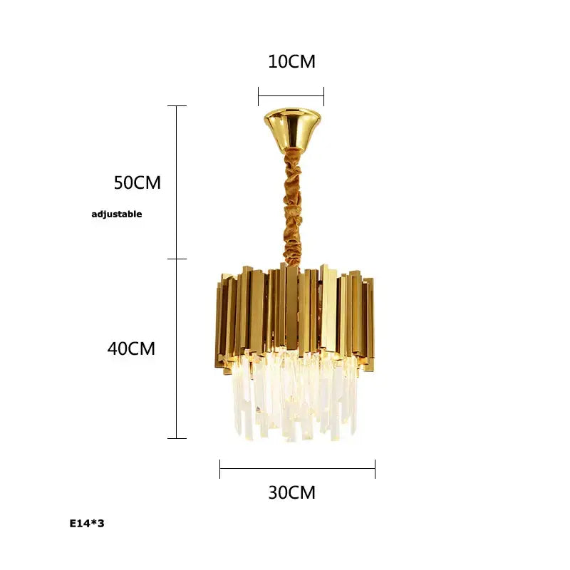 Gold-toned decorbites art deco crystal led chandelier with vertical metallic rods and hanging crystal droplets