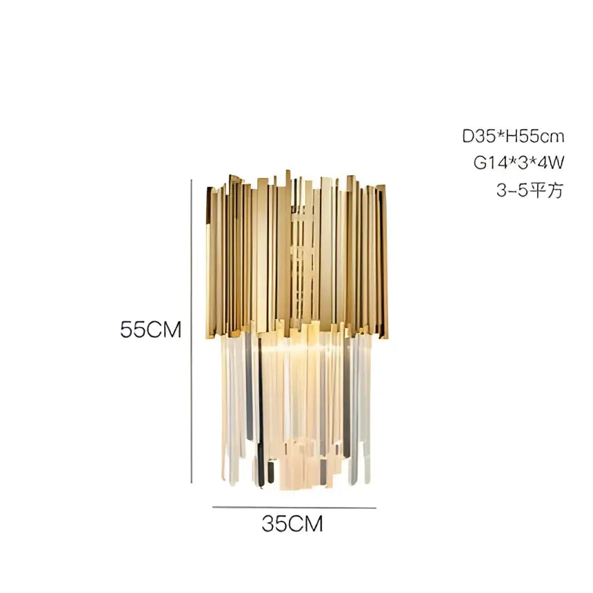 Gold-toned decorbites art deco crystal led chandelier with slender vertical rods and cascading deco crystal elements