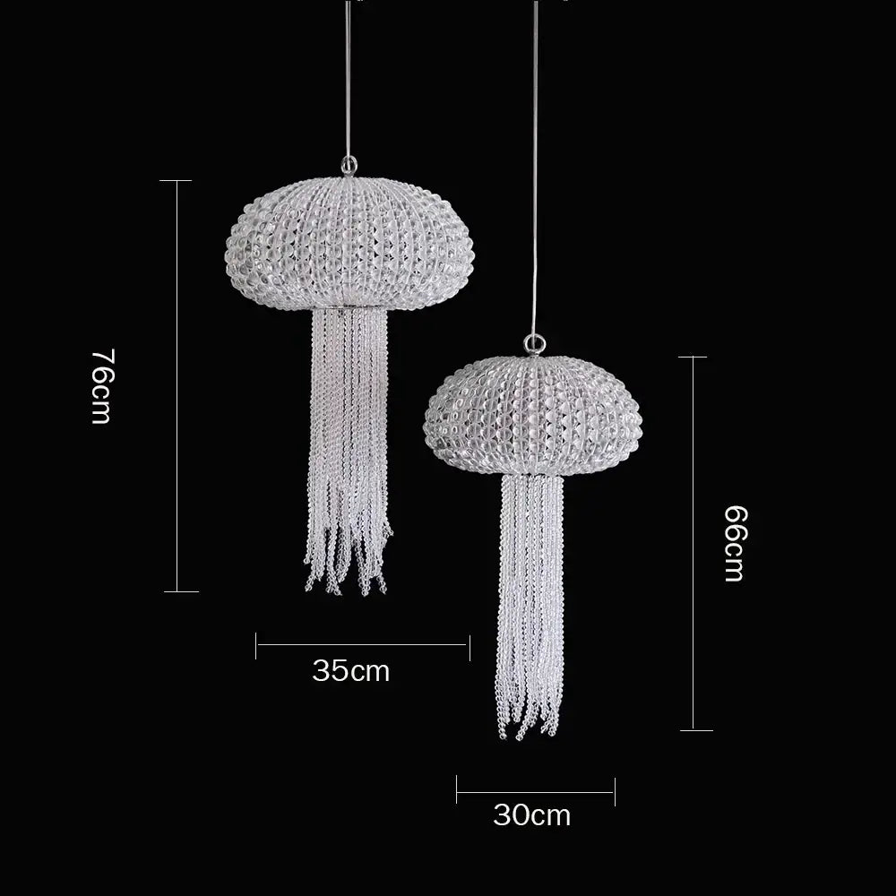 Two silver crystal jellyfish hanging ornaments 76cm and 66cm tall for decorbites art deco dimmable chandelier lighting