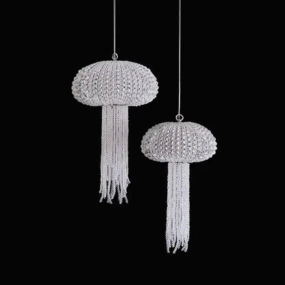 Two silver crystal-encrusted jellyfish-shaped art deco dimmable hanging ornaments by DecorBites for foyer lighting