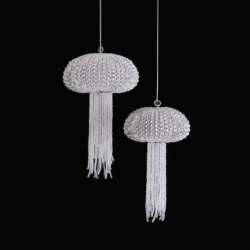 Two silver crystal-encrusted jellyfish-shaped art deco dimmable hanging ornaments by DecorBites for foyer lighting