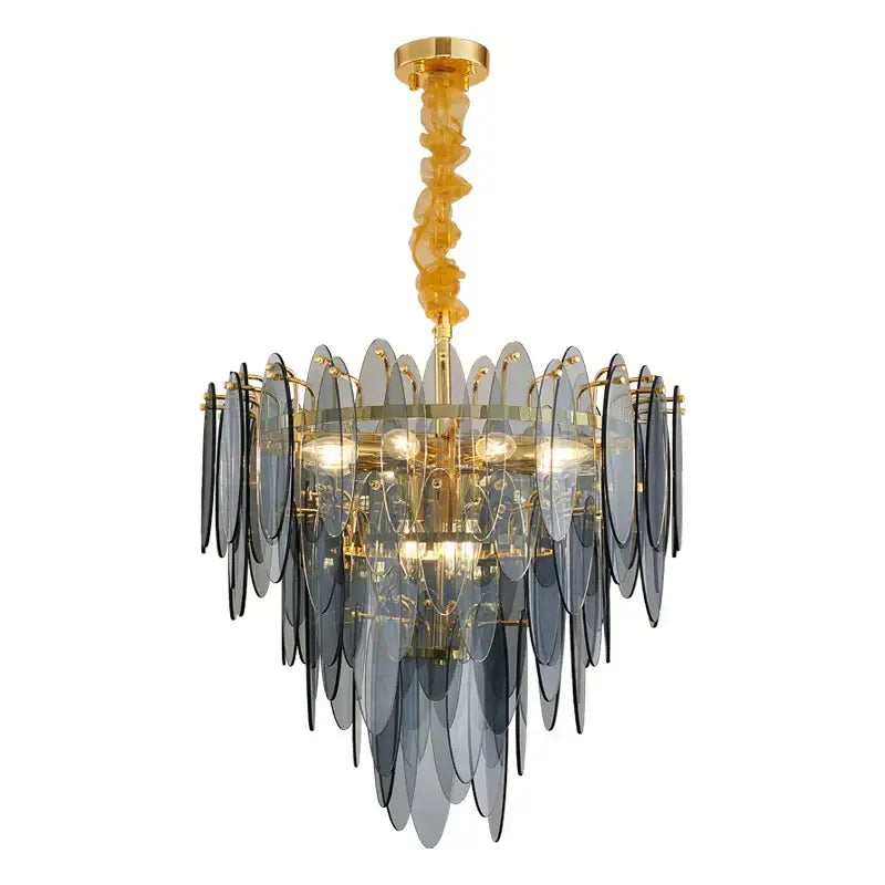 Elegant decorbites art deco glass iron led chandelier with gray glass leaves and amber gold stem for dining room
