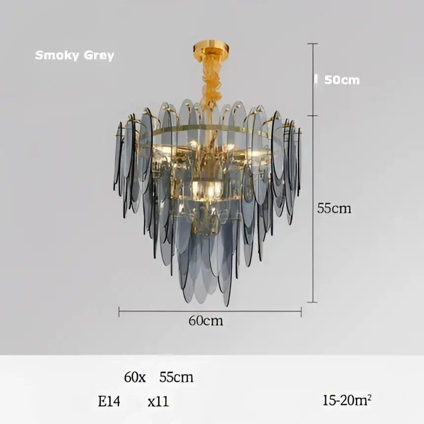 Decorbites art deco glass iron led chandelier with golden frame and smoky grey glass leaves for dining room lighting