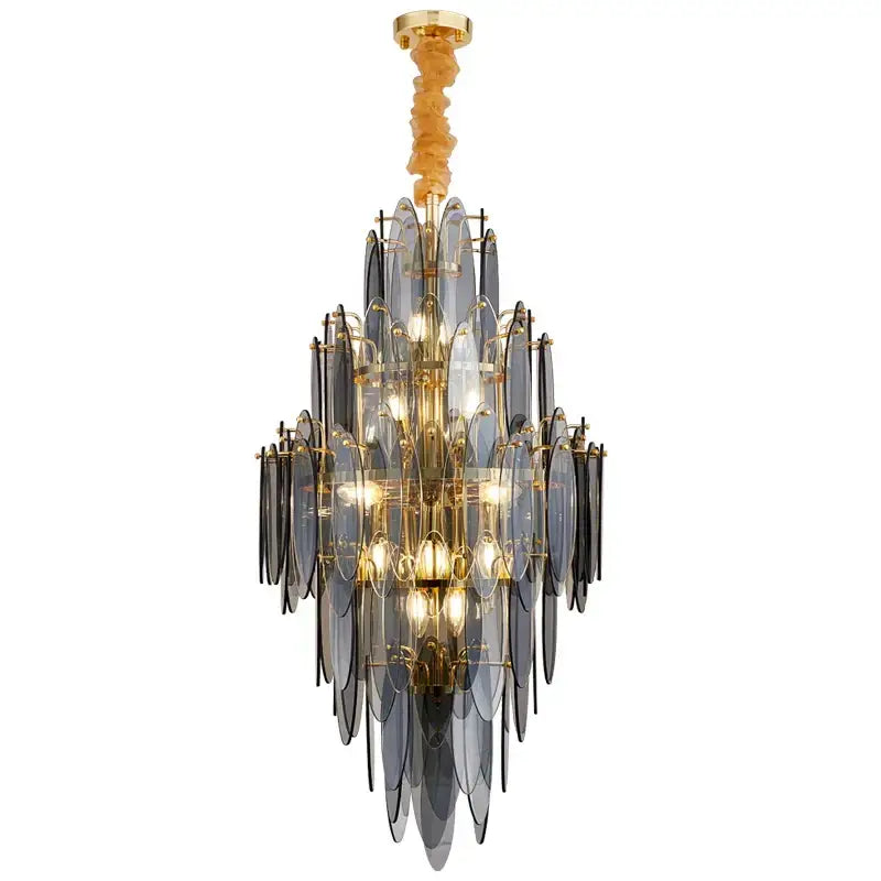 Elegant decorbites art deco multi-tiered chandelier with cascading dark gray art deco glass leaves and gold iron frame