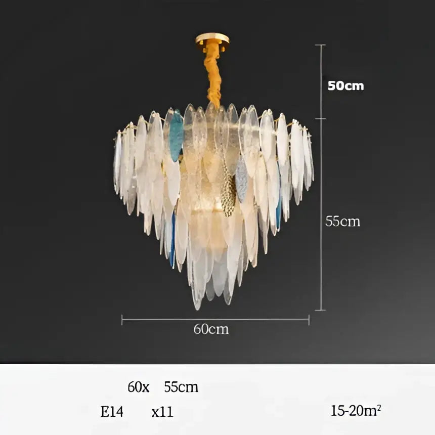 A modern DecorBites Art Deco glass iron LED chandelier featuring layered white and blue translucent feathers for dining room