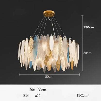 Decorbites art deco glass iron led chandelier with golden mount and iridescent blue gold leaves for dining room