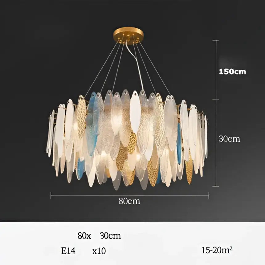 Decorbites art deco glass iron led chandelier with golden mount and iridescent blue gold leaves for dining room