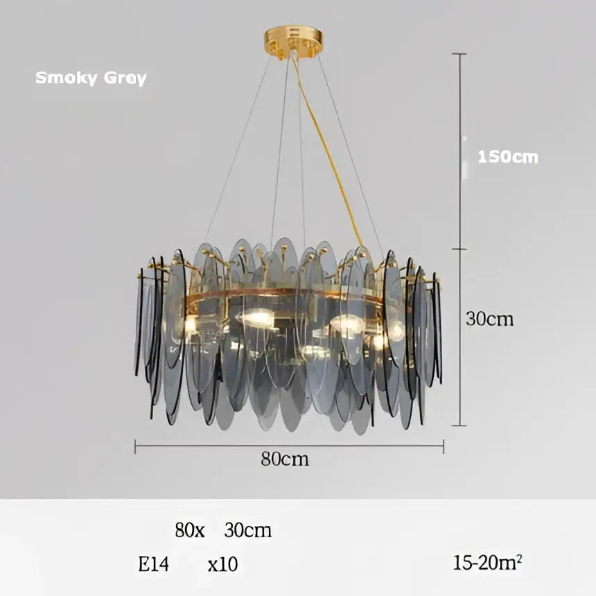 DecorBites art deco glass iron LED chandelier with gold ceiling mount and smoky grey glass discs for dining room
