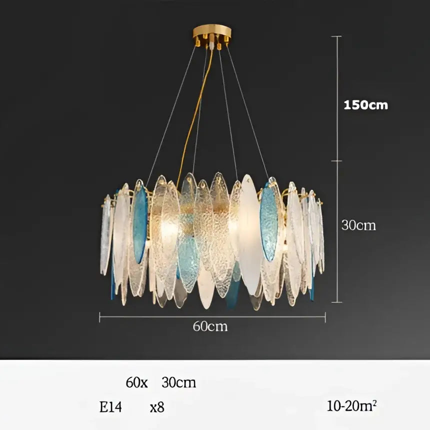 Modern decorbites art deco glass iron led chandelier with gold mount and blue white translucent discs for dining room