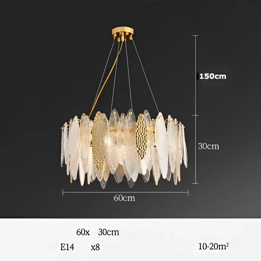 Decorbites art deco glass iron led chandelier with gold-toned frame and cascading translucent leaf-shaped shades for dining room