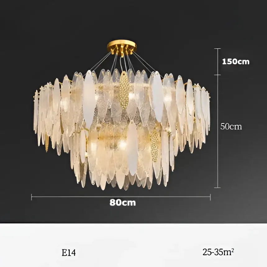 Gold-toned decorbites art deco chandelier with cascading clear and frosted art deco glass leaf shades for dining room
