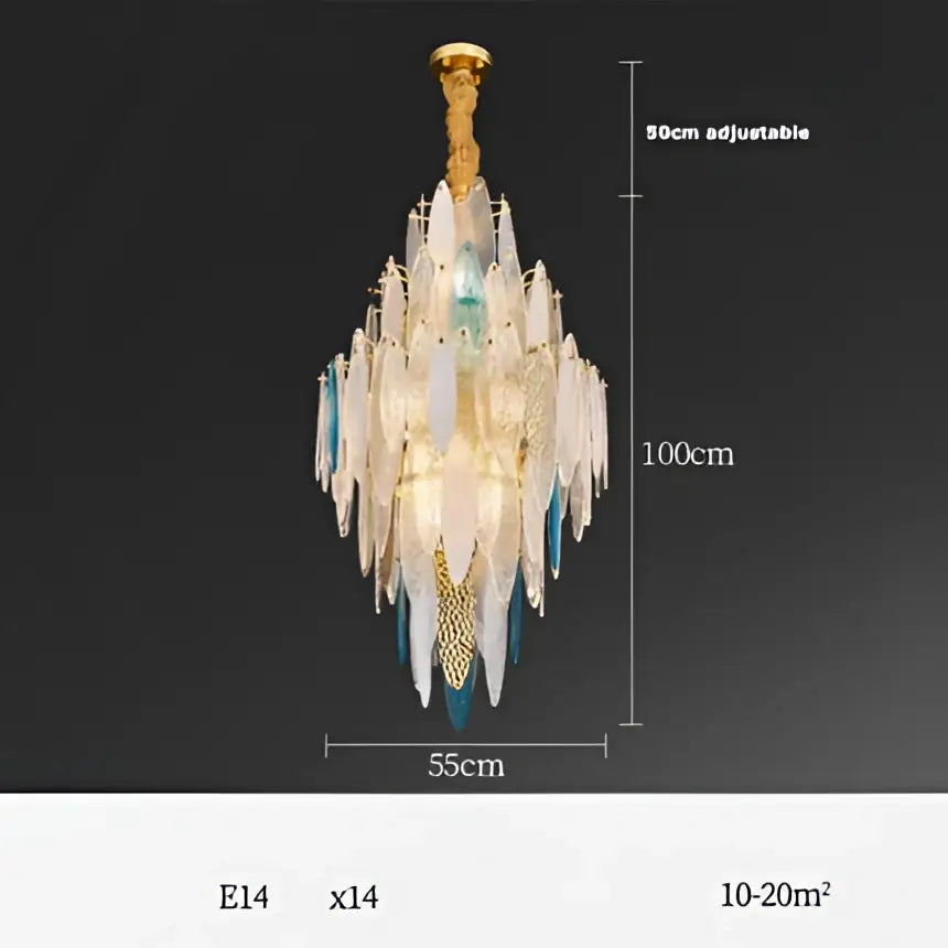 DecorBites Art Deco glass iron LED chandelier with gold tone and cascading clear blue frosted leaf shades for dining room