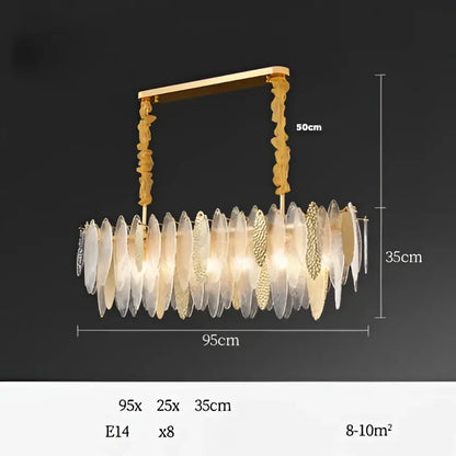 Gold-toned decorbites art deco glass iron chandelier with cascading translucent leaf-shaped panels for dining room