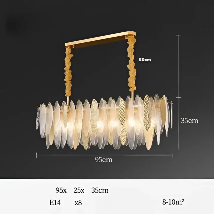 Gold-toned decorbites art deco glass iron chandelier with cascading translucent leaf-shaped panels for dining room
