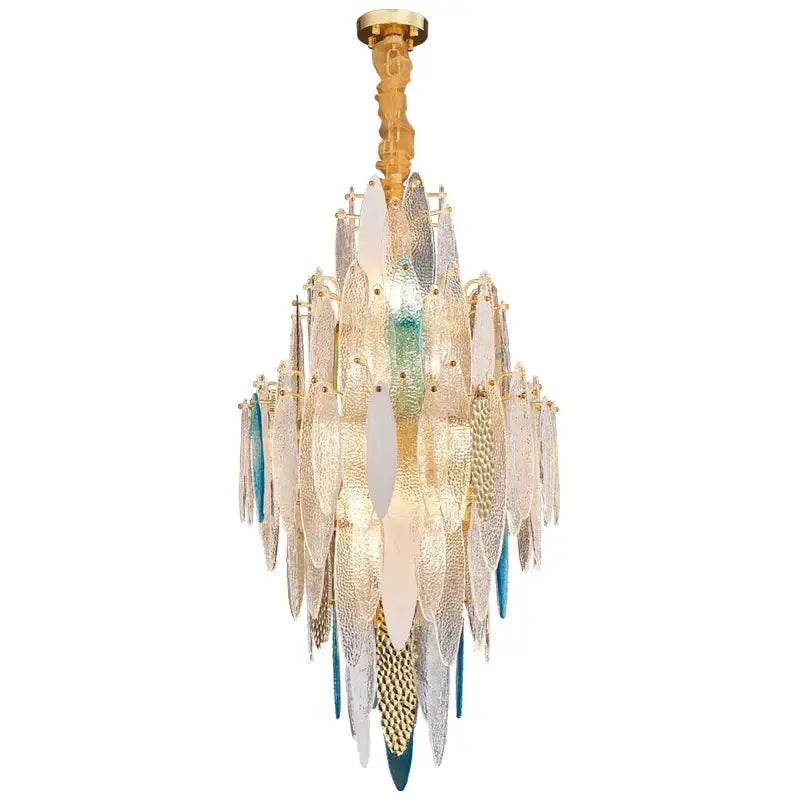 Decorbites art deco glass iron led chandelier with gold accents and cascading translucent white frost blue amber leaves