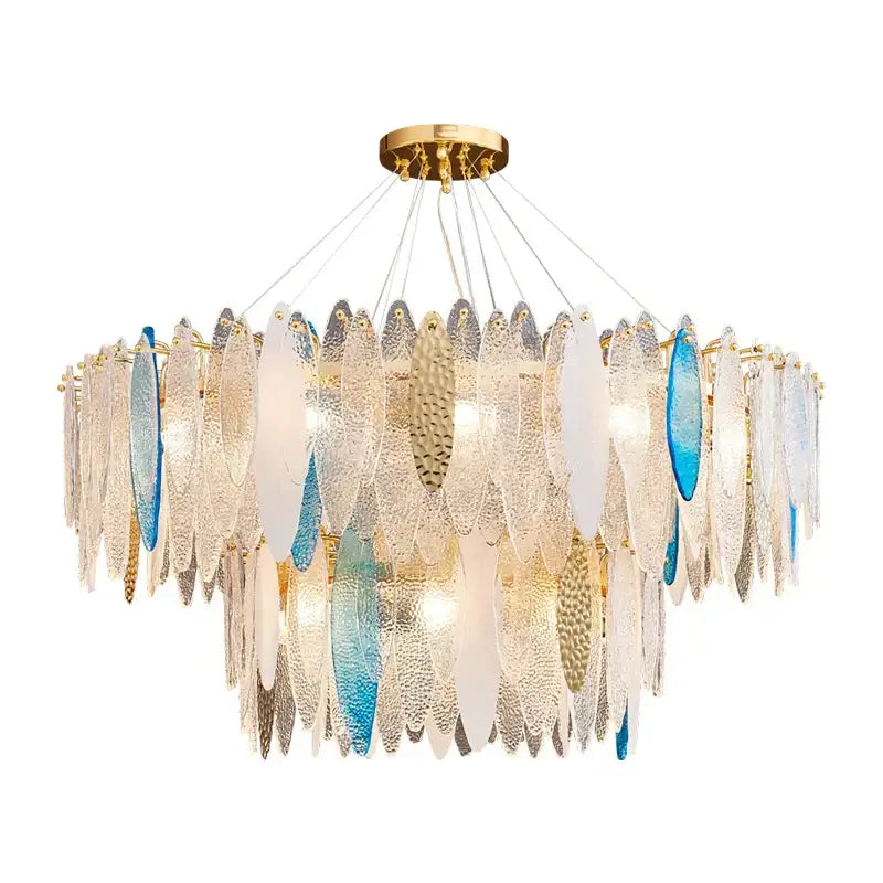 Decorbites art deco glass iron led chandelier with gold accents and cascading fish-shaped glass shades for dining room