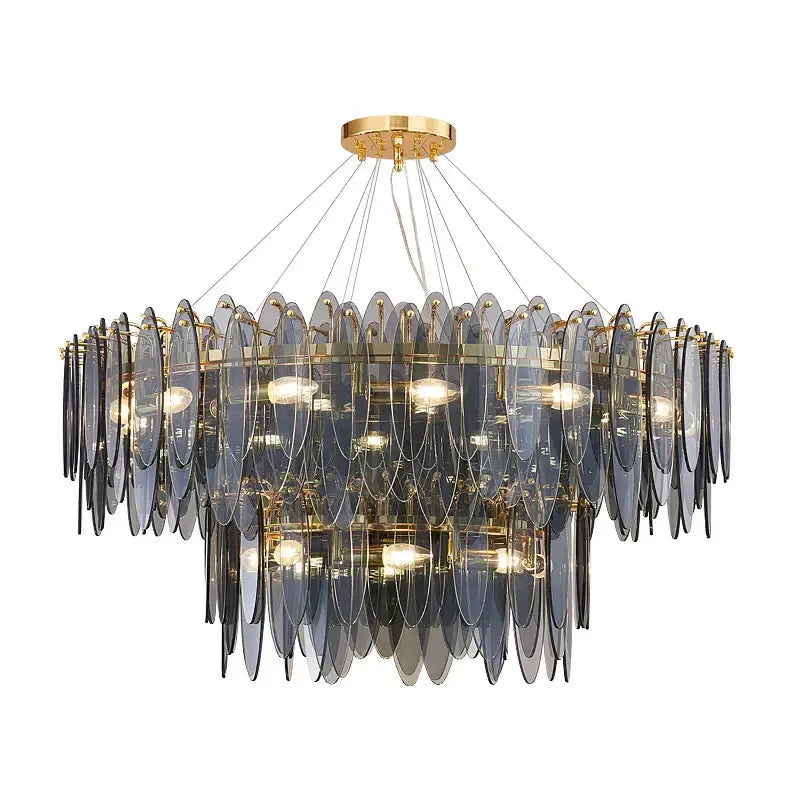 Decorbites art deco multi-tiered chandelier with cascading gray glass discs and gold iron frame for dining room lighting