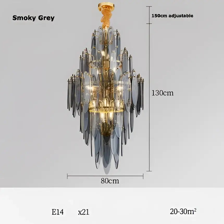 Smoky grey decorbites art deco glass iron chandelier with gold accents and 21 e14 bulbs for dining room lighting