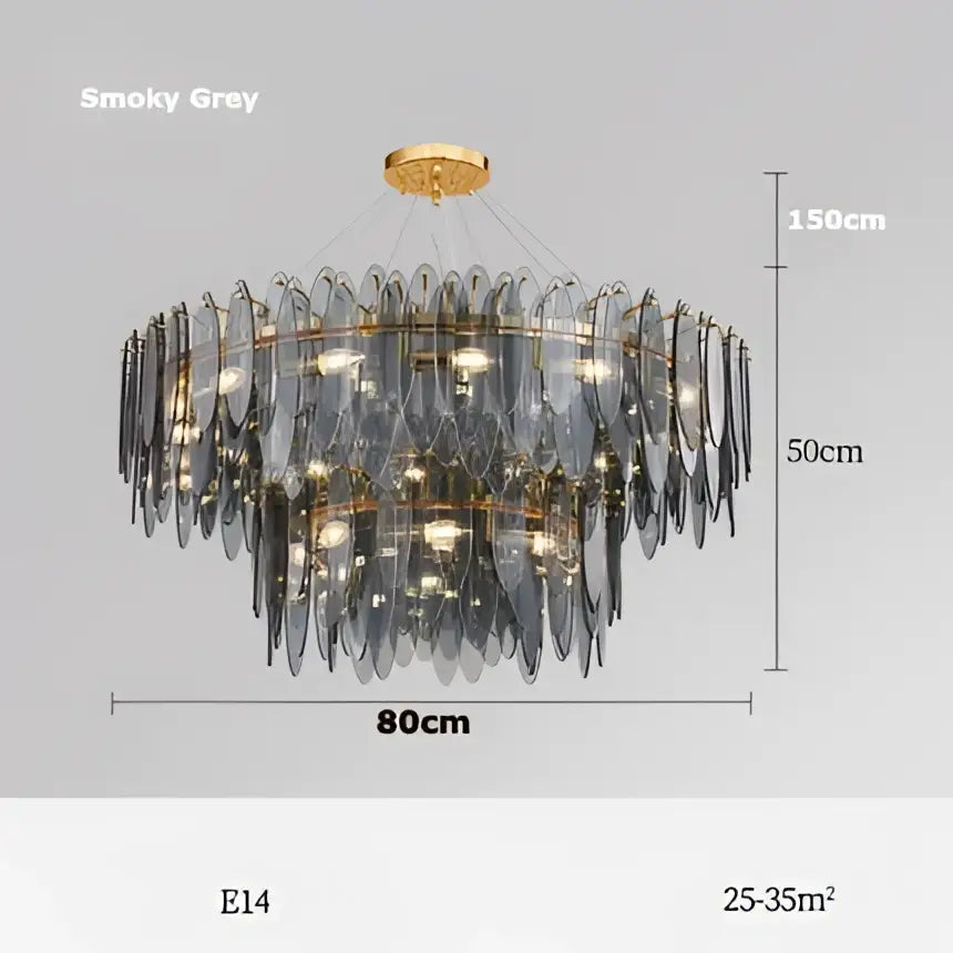 Decorbites art deco smoky grey glass iron chandelier with layered translucent leaves and gold frame for dining room
