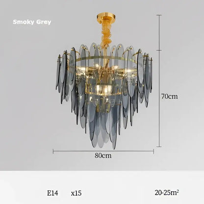 Decorbites art deco smoky grey leaf-shaped chandelier with gold-toned deco glass iron frame for dining room lighting
