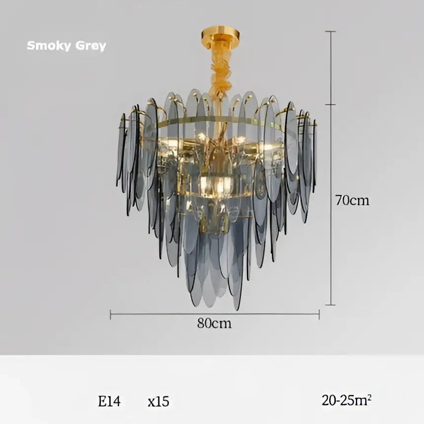 Decorbites art deco smoky grey leaf-shaped chandelier with gold-toned deco glass iron frame for dining room lighting