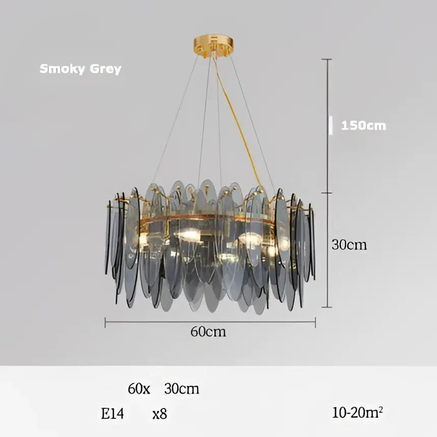 Smoky grey glass decorbites art deco chandelier with gold-toned deco glass iron frame and hanging chains for dining room