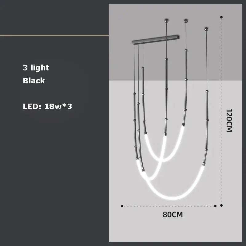 Black modern decorbites art deco pendant light with three curved led strands for dining room use