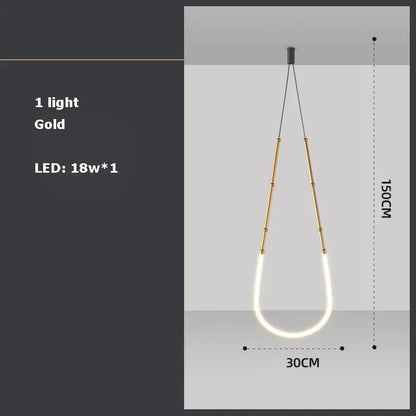 Gold-colored pendant light with two vertical rods and curved LED strip by DecorBites Art Deco for dining room