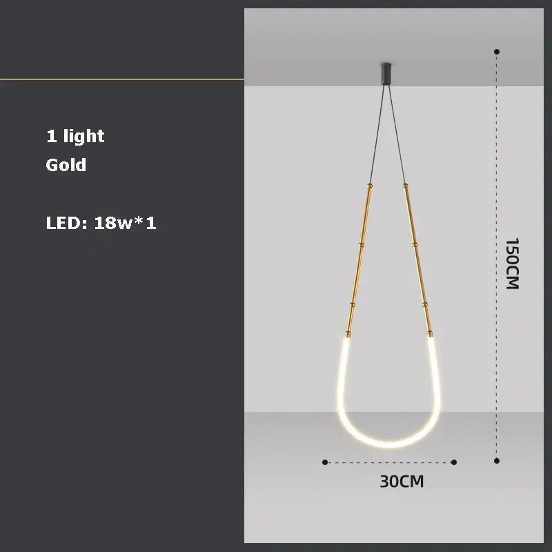 Gold-colored pendant light with two vertical rods and curved LED strip by DecorBites Art Deco for dining room