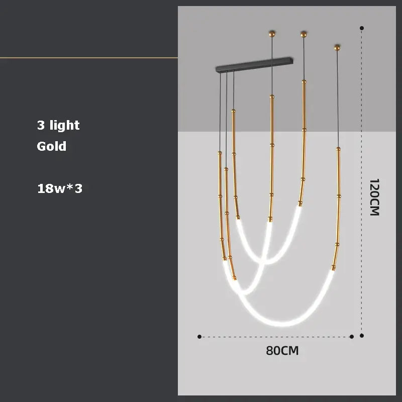 Gold-toned decorbites art deco pendant light with three curved illuminated strands for dining room use