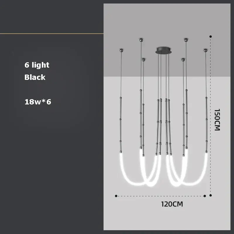 Black modern pendant light with six 18w lights and sleek metallic rods by DecorBites Art Deco gold for dining room