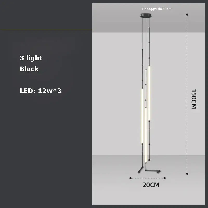DecorBites Art Deco pendant light with black metal rods and three vertical LED tubes for dining room lighting