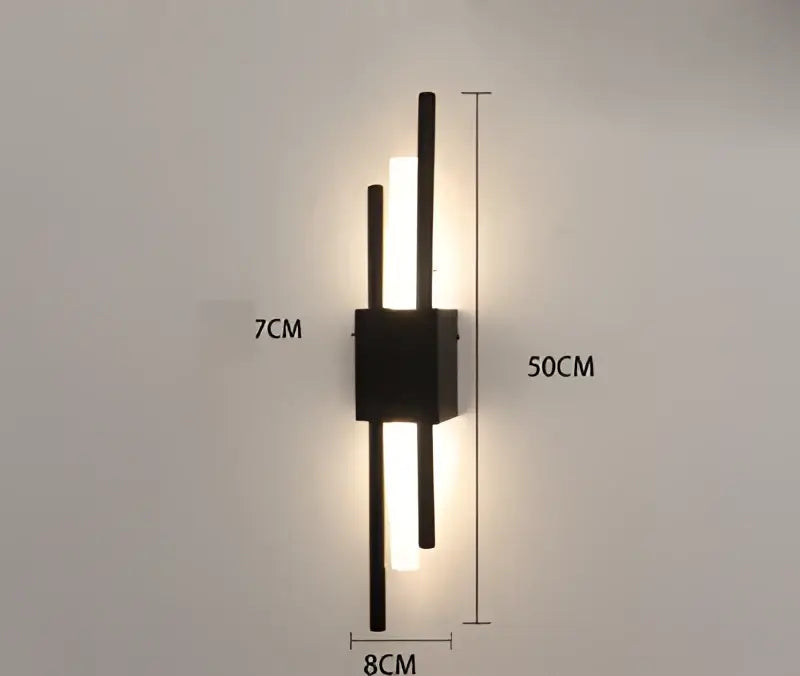 Modern black metal wall sconce with vertical led light bars and marble accent by decorbites art deco for bedroom lighting
