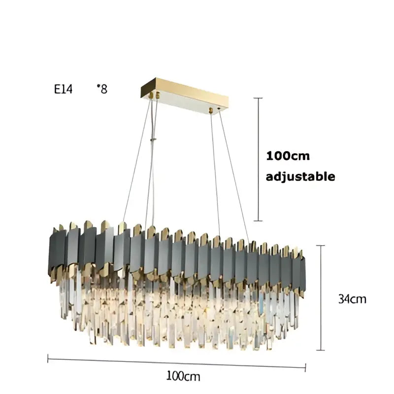 A modern decorbites art deco pendant light featuring gold-toned top, black panels, and clear crystal prisms for dining room