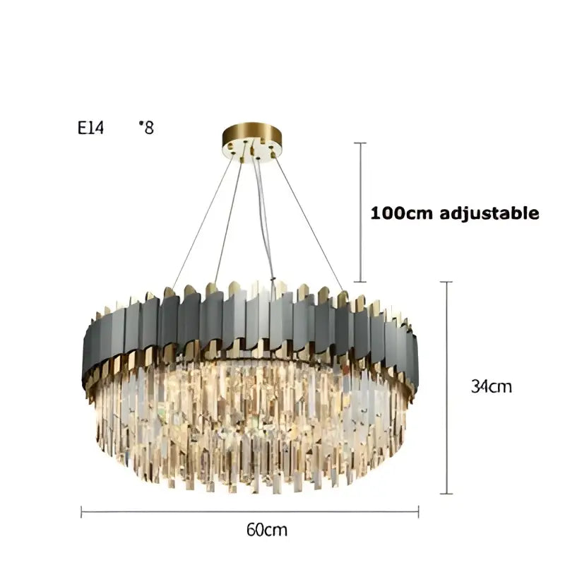 A decorbites art deco pendant light with circular dark gray and gold metal bands and clear crystal prisms for dining rooms