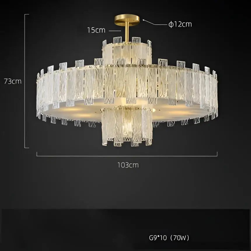 A decorbites art deco golden copper glass chandelier with cascading crystal prisms and tiered circular frame design