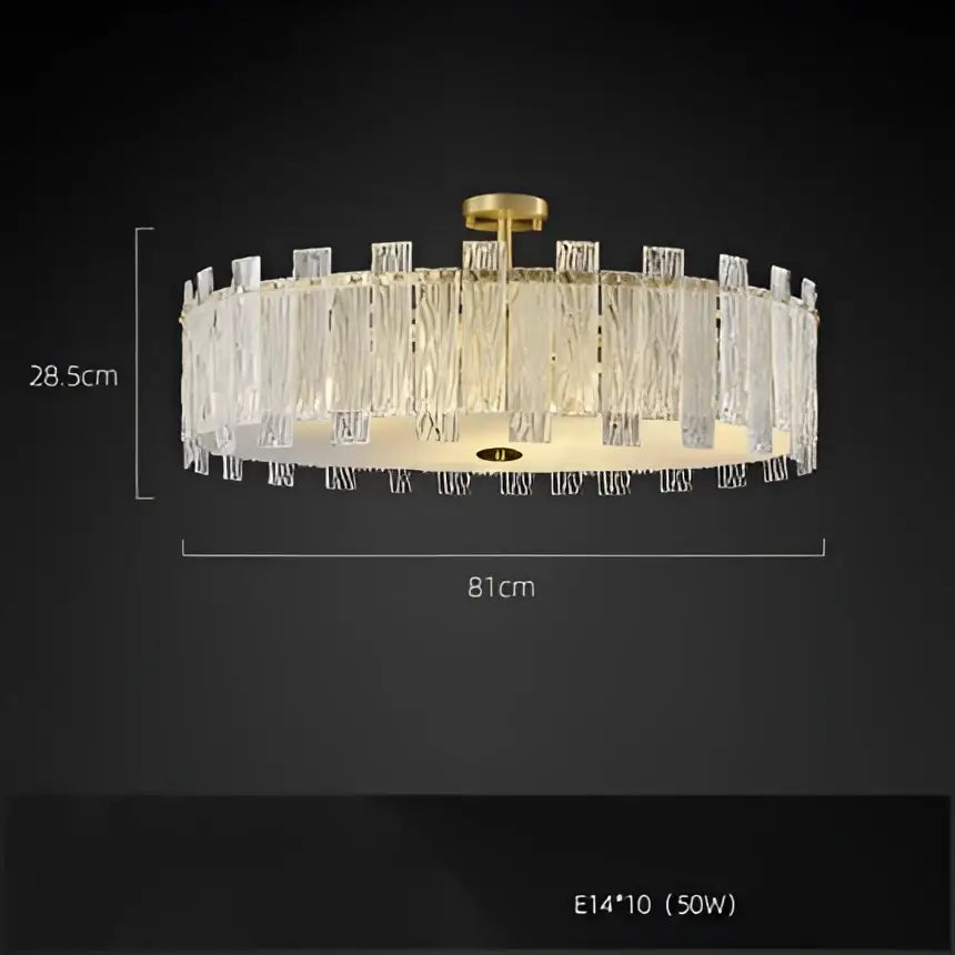 Decorbites art deco golden copper glass chandelier with gold-toned circular fixture and cascading crystal strands