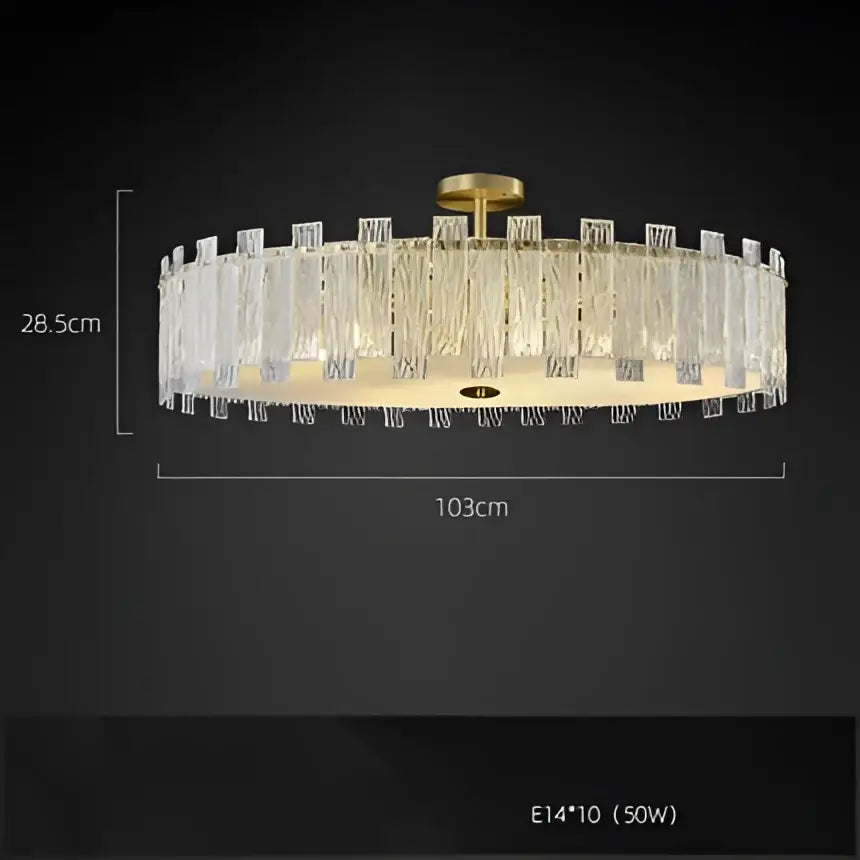Decorbites art deco circular ceiling light fixture with golden copper mount and crystal glass elements around diffuser