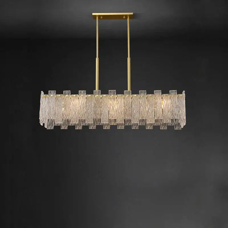 Decorbites art deco golden copper glass chandelier with gold-toned rectangular frame and textured clear glass panels