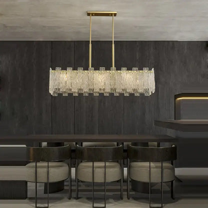 Decorbites art deco golden copper glass chandelier with gold-toned rectangular frame and cascading crystal prisms lighting fixture