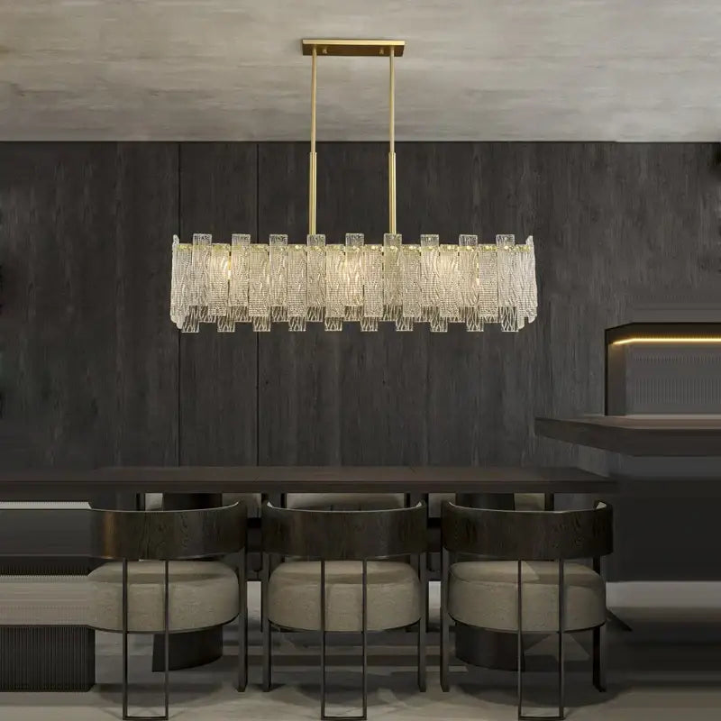 Decorbites art deco golden copper glass chandelier with gold-toned rectangular frame and cascading crystal prisms lighting fixture