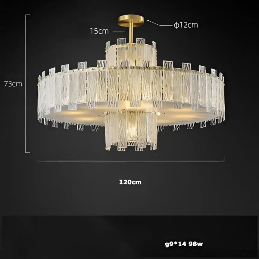 Gold-toned decorbites art deco chandelier with cascading crystal fringe and 14 LED bulbs in a deco golden copper frame