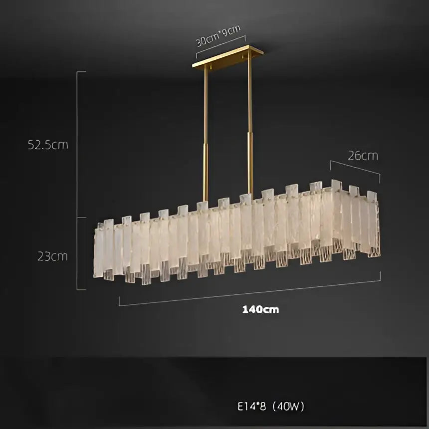 Gold-toned rectangular DecorBites Art Deco chandelier with clear faceted crystal prisms and deco golden copper finish