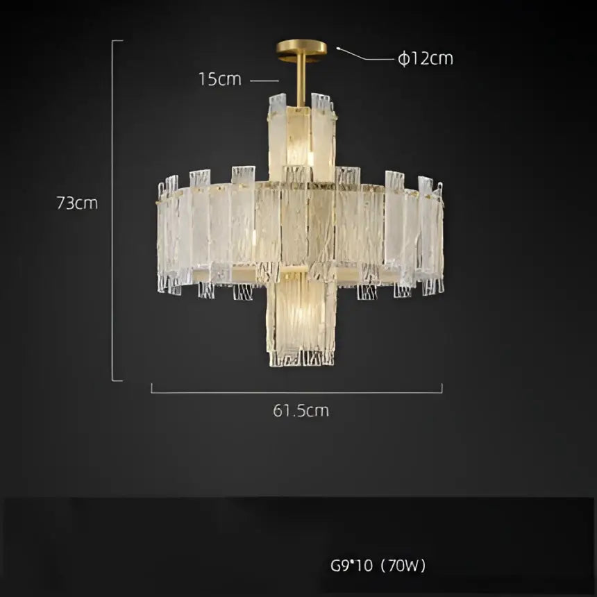 Decorbites art deco golden copper glass chandelier with cascading crystal fringe and central cylindrical led fixture