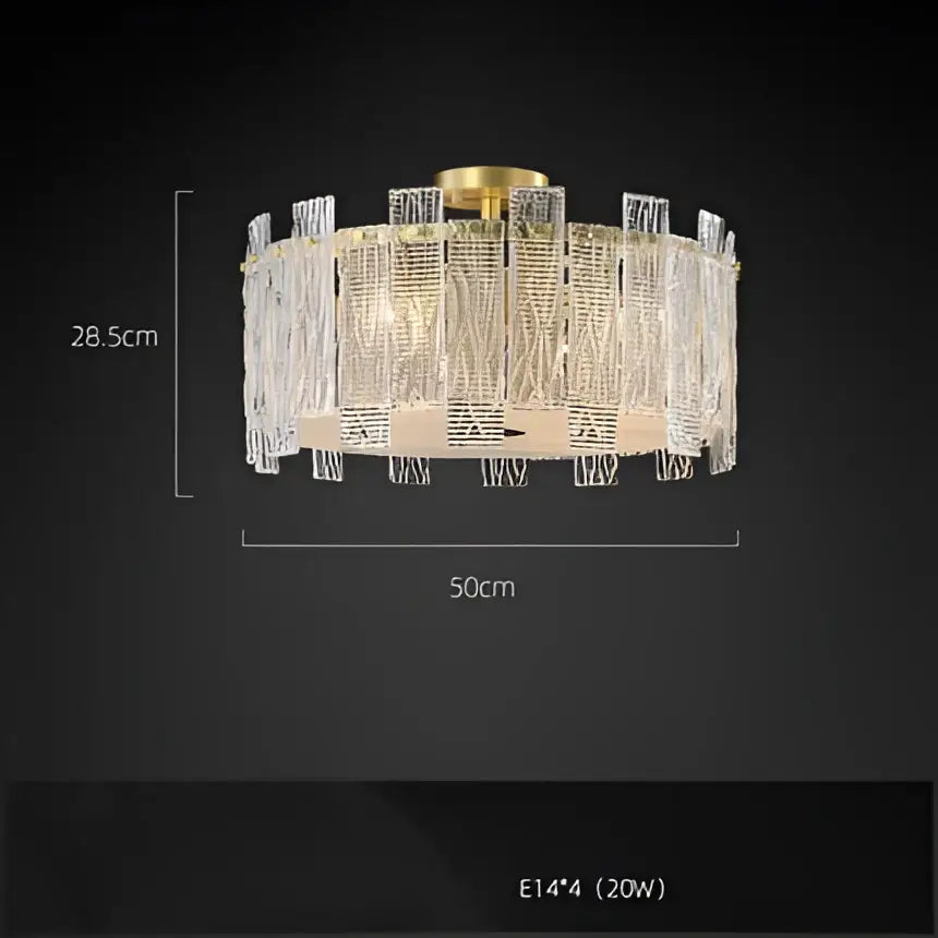 A decorbites art deco ceiling light with golden copper base and tiered clear crystal strands chandelier fixture