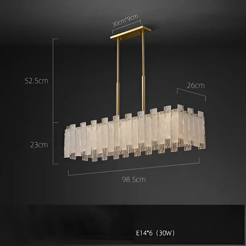 Decorbites art deco golden copper glass chandelier featuring gold-toned rectangular design with faceted crystal tubes