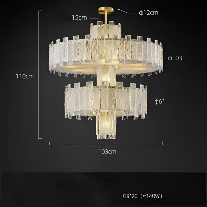 A decorbites art deco golden copper glass chandelier with multi-tiered crystal prisms and a gold-finished central rod