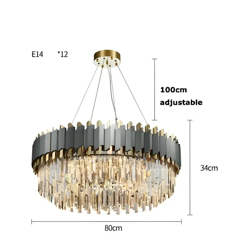 A decorbites art deco adjustable chandelier with gold ceiling mount, 12 e14 bulbs, dark gray rings, and golden crystal prisms