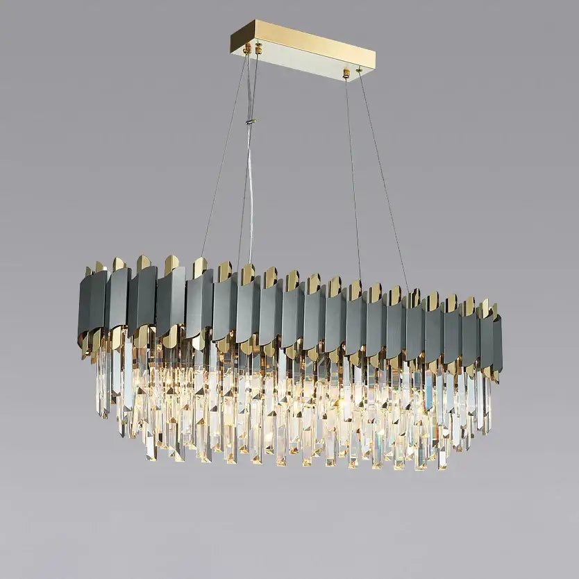 Modern rectangular DecorBites Art Deco golden crystal chandelier with gold metal frame and dark gray panels with clear prisms