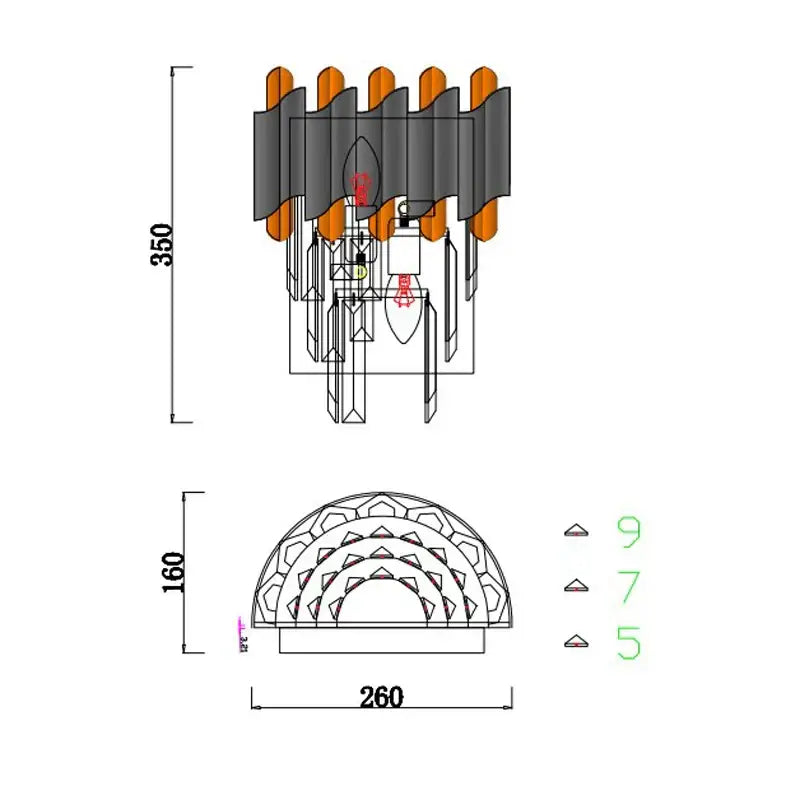 Decorbites art deco dome-shaped chandelier 350mm tall 260mm wide dark gray orange metallic finish deco golden crystal